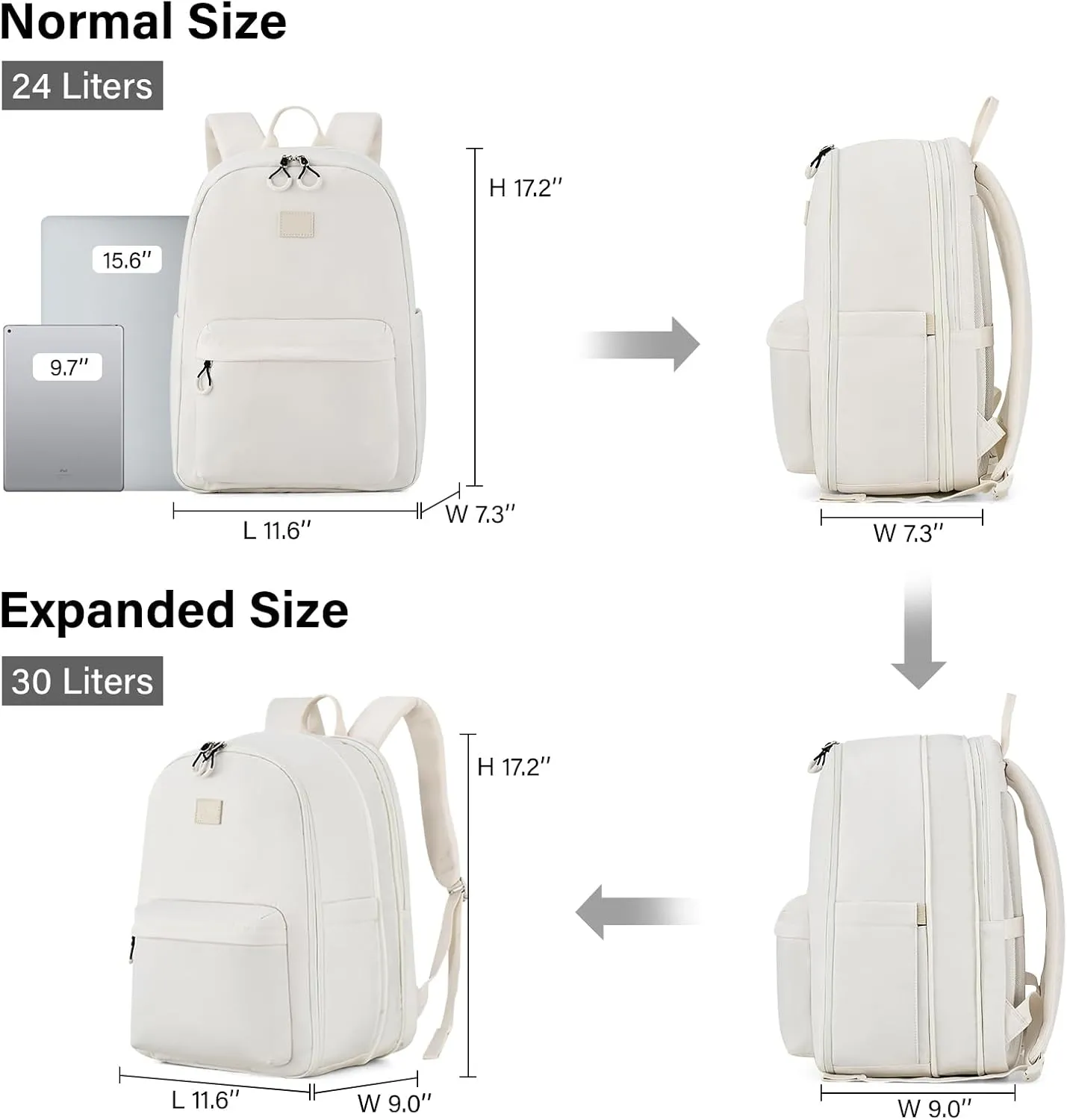 Hanke 18 Inch Expandable Travel Backpack for Women, Personal Item Backpack Work Backpack Woman Men Casual Daypack Backpacks Carry On Bag Backpacks for Airline Approved(Off White)