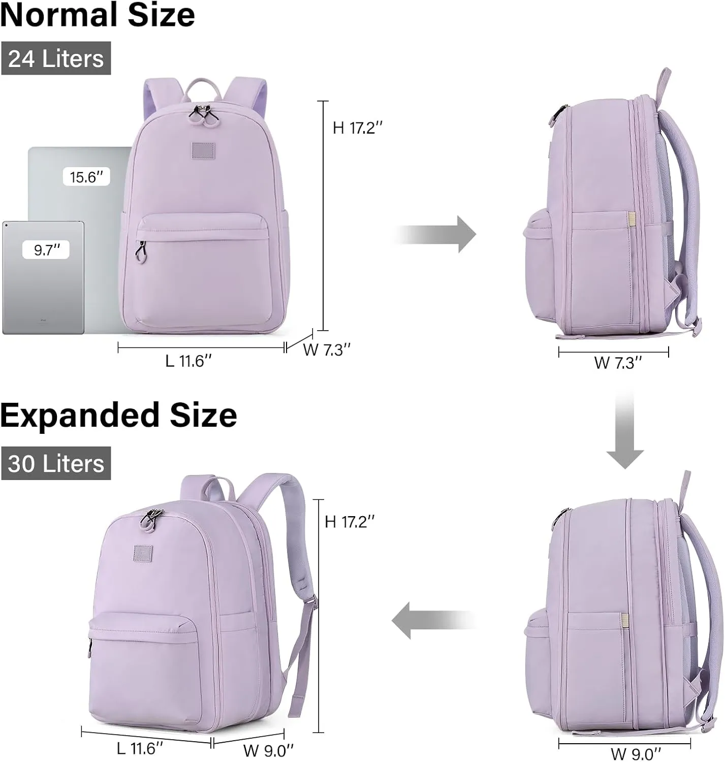 Hanke 18 Inch Expandable Travel Backpack for Women, Personal Item Backpack Work Backpack Woman Men Casual Daypack Backpacks Carry On Bag Backpacks for Airline Approved(Taro Purple)