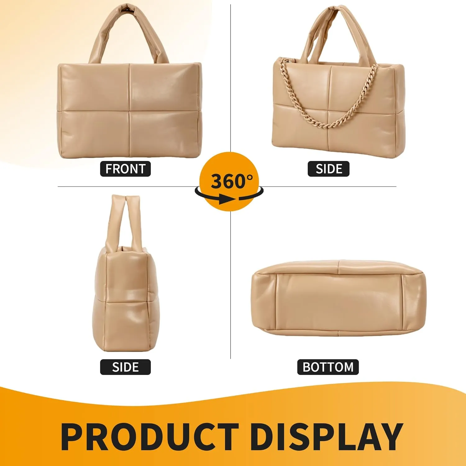 Herald Puffer Tote Bag for Women, Soft PU Leather Puffy Quilted Shoulder Crossbody Purse with Adjustable Strap & Chain