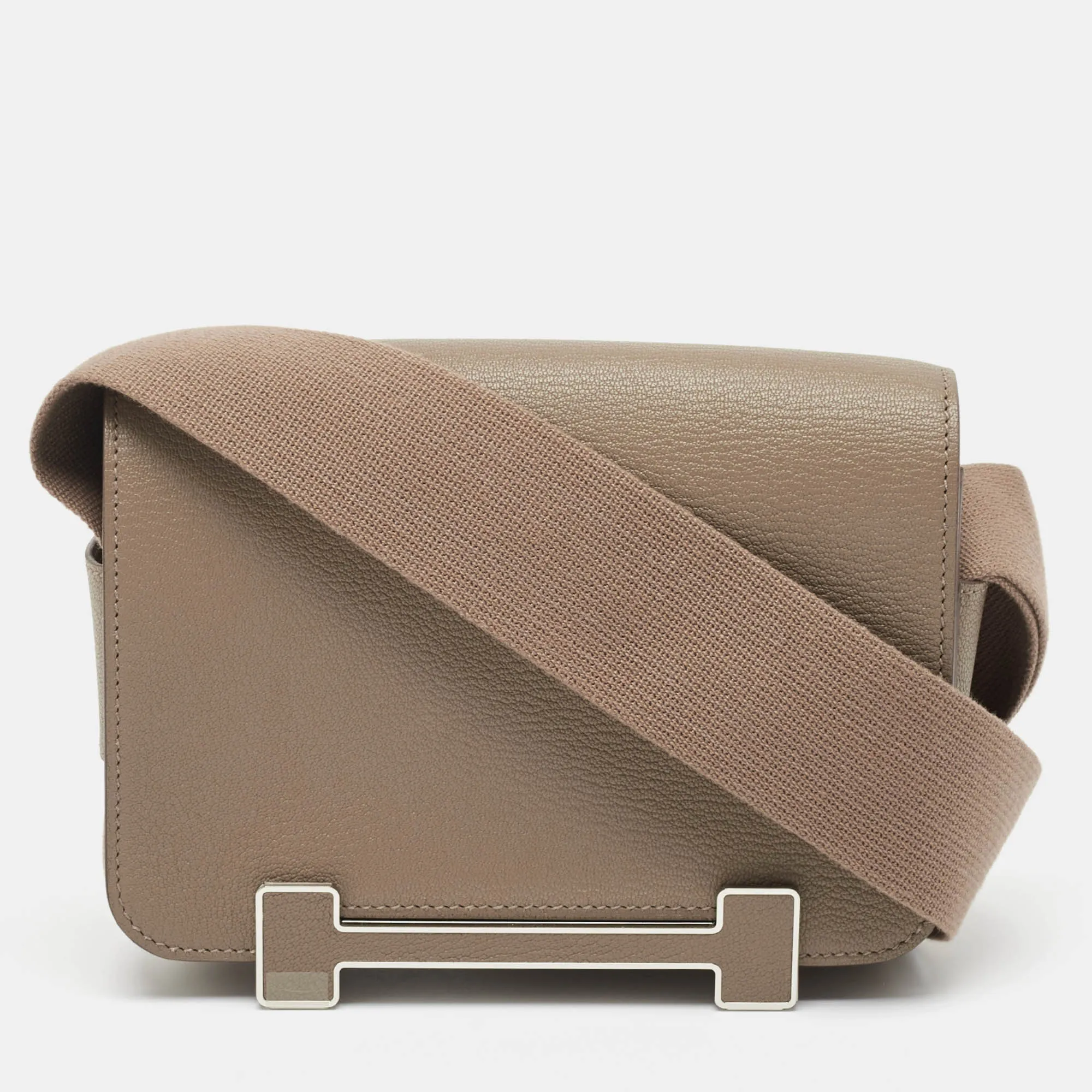 Herm&egrave;s Etoupe Chevre Mysore Leather Palladium Finish Geta Bag