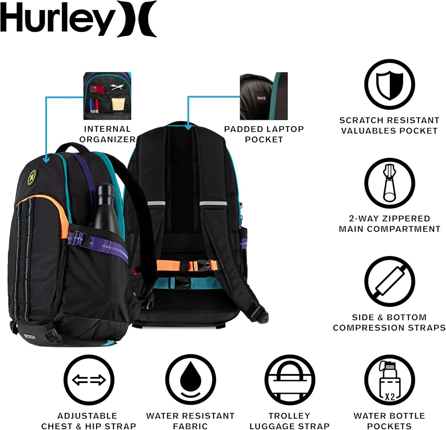 Hurley Men's Commuter Travel Backpack, Black/Multi, One Size