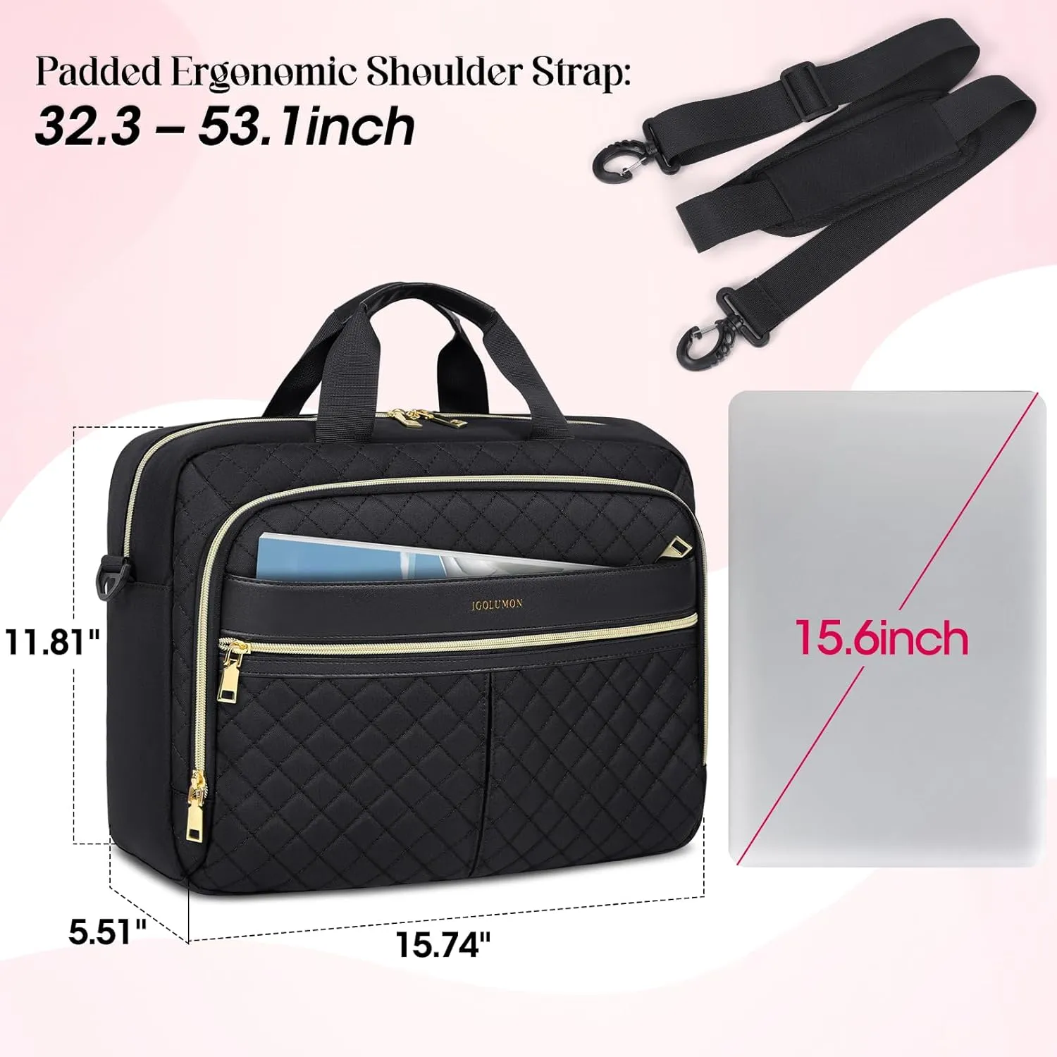 IGOLUMON Laptop Bag 15.6 Inch Laptop Briefcase for Women Men Waterproof Shoulder Computer Messenger Bag Large Laptop Bag Business Office Work Travel College, Black