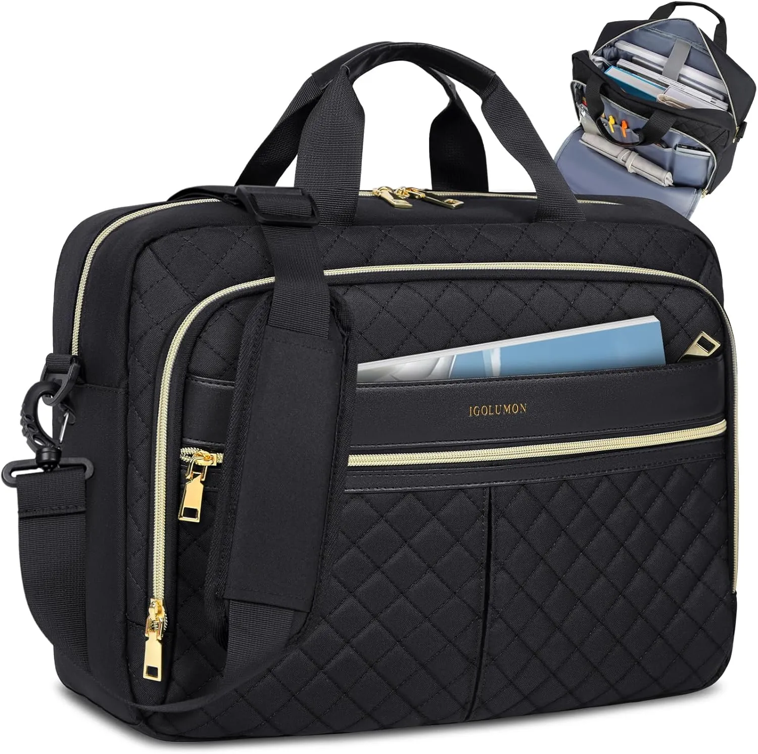 IGOLUMON Laptop Bag 15.6 Inch Laptop Briefcase for Women Men Waterproof Shoulder Computer Messenger Bag Large Laptop Bag Business Office Work Travel College, Black