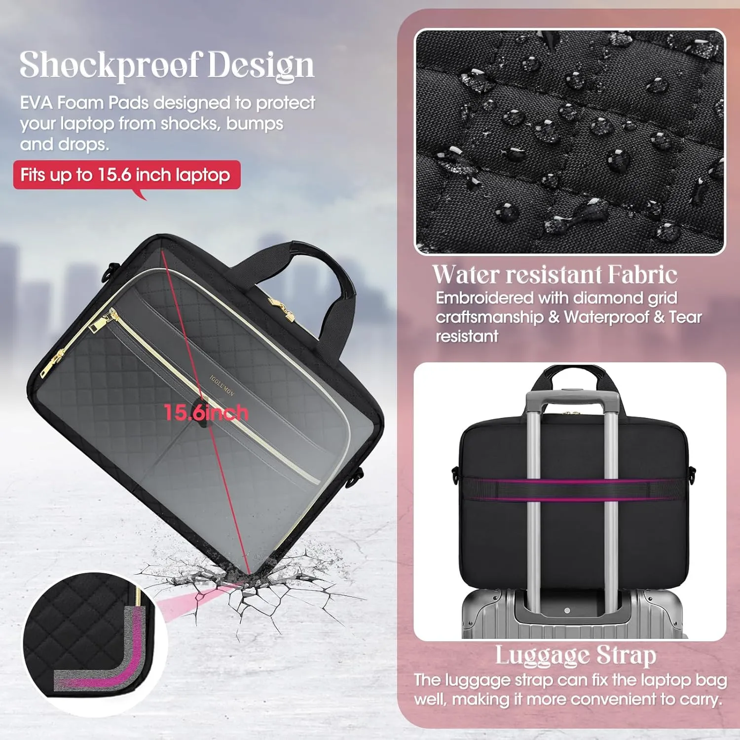 IGOLUMON Laptop Bag 15.6 Inch Laptop Briefcase for Women Men Waterproof Shoulder Computer Messenger Bag Large Laptop Bag Business Office Work Travel College, Black