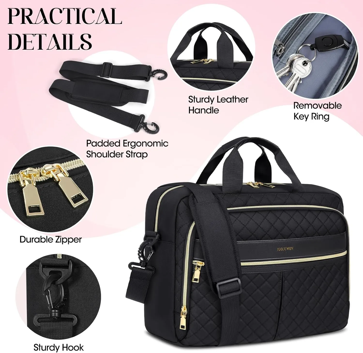 IGOLUMON Laptop Bag 15.6 Inch Laptop Briefcase for Women Men Waterproof Shoulder Computer Messenger Bag Large Laptop Bag Business Office Work Travel College, Black