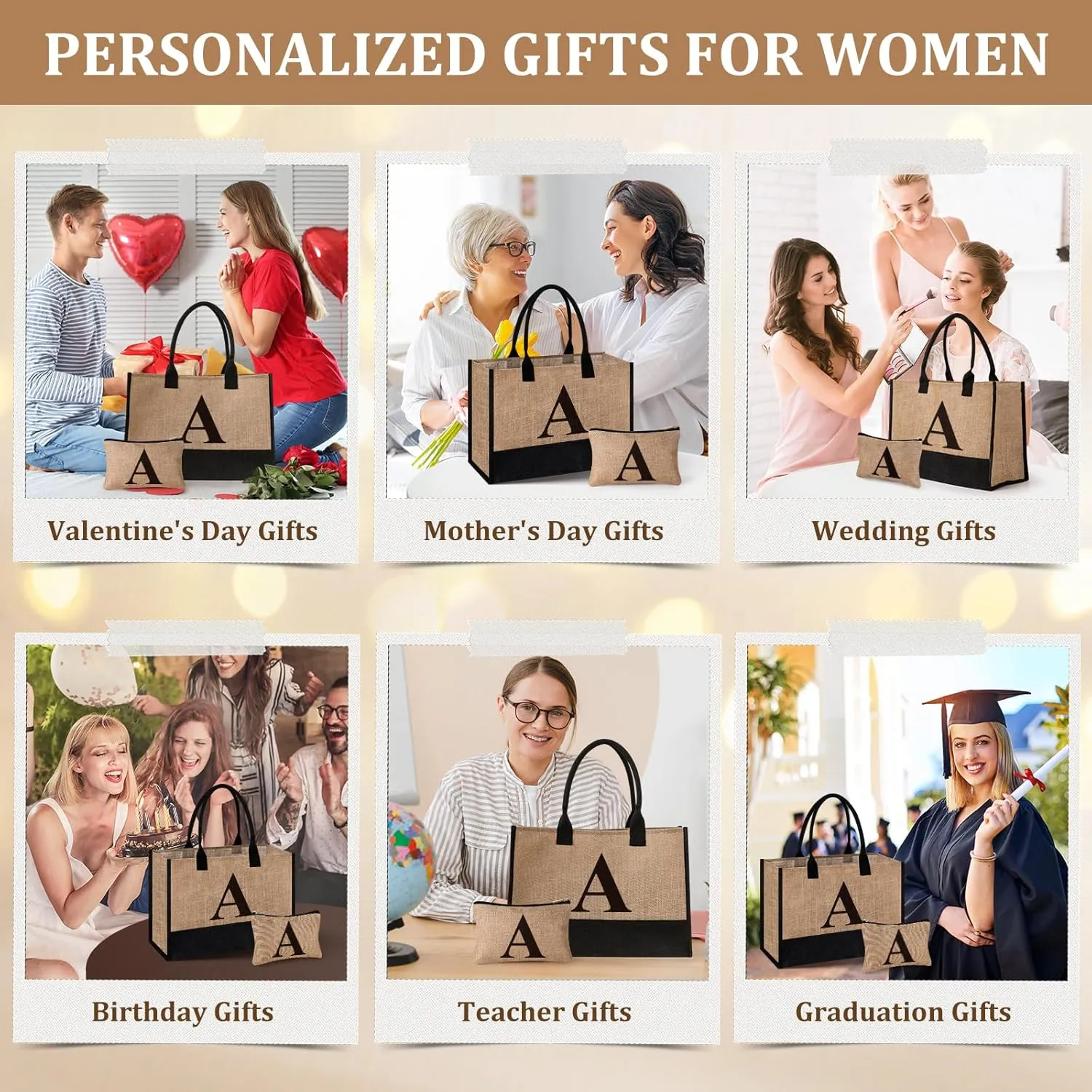 Initial Jute Tote Bag & Makeup Bag, Birthday Gifts for Women Her Mom Teachers Friends