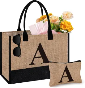 Initial Jute Tote Bag & Makeup Bag, Birthday Gifts for Women Her Mom Teachers Friends