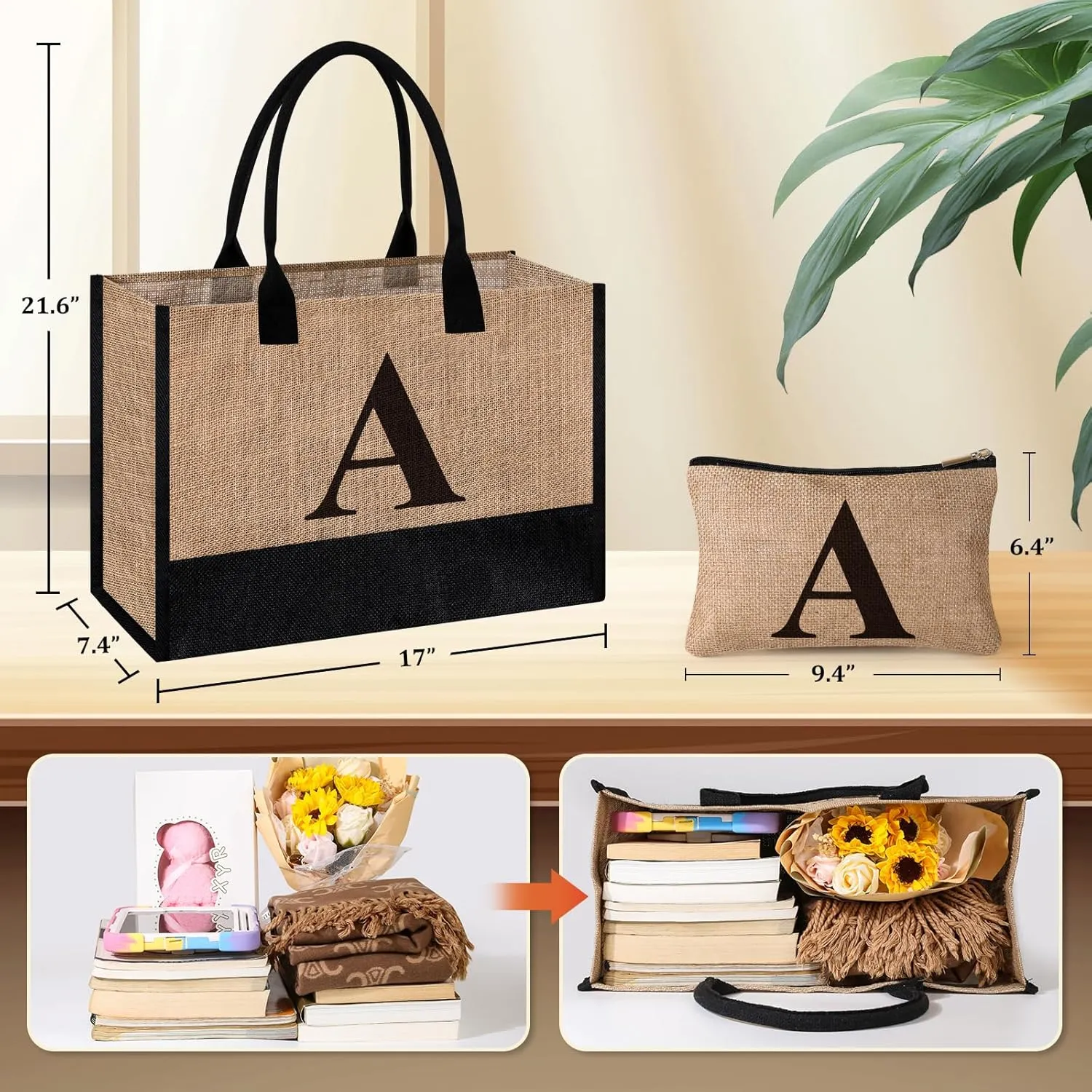 Initial Jute Tote Bag & Makeup Bag, Birthday Gifts for Women Her Mom Teachers Friends