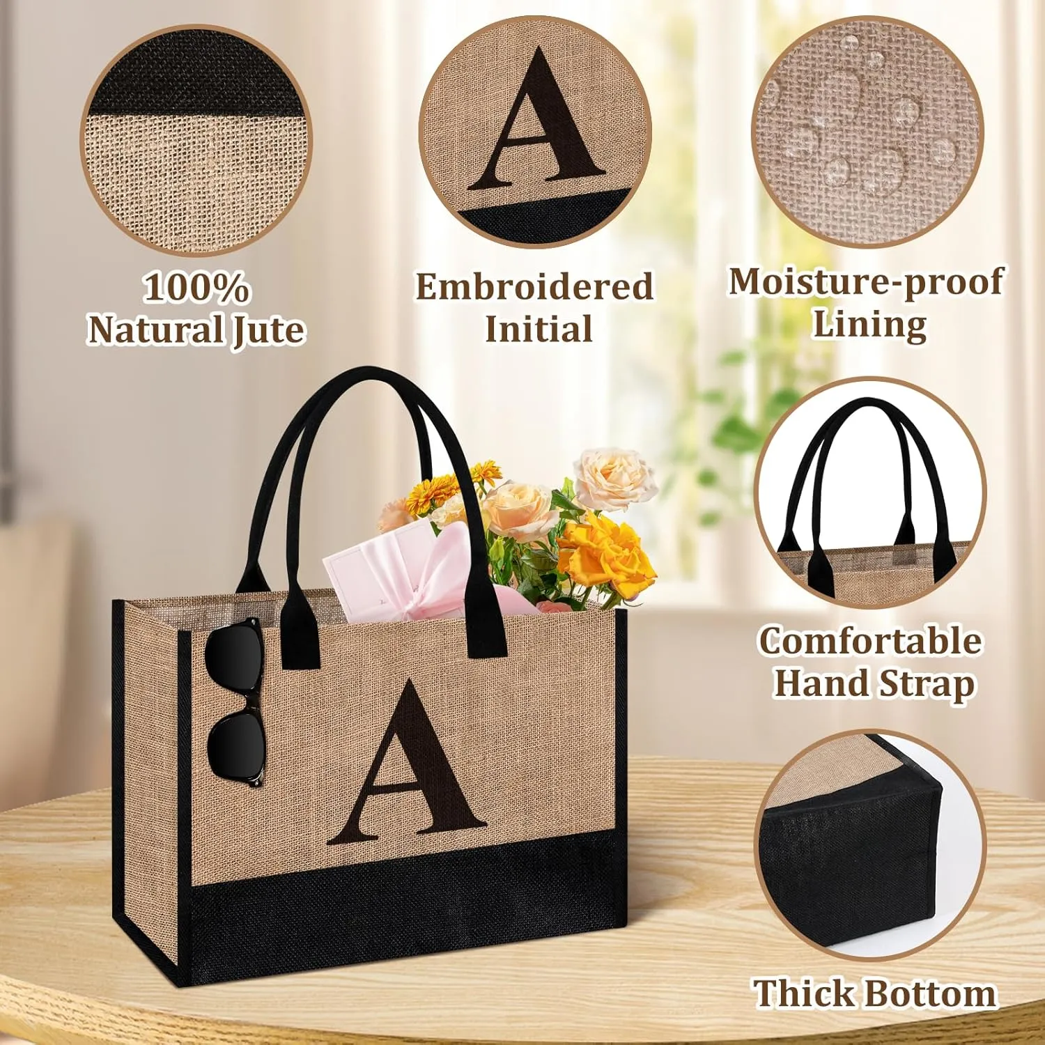Initial Jute Tote Bag & Makeup Bag, Birthday Gifts for Women Her Mom Teachers Friends