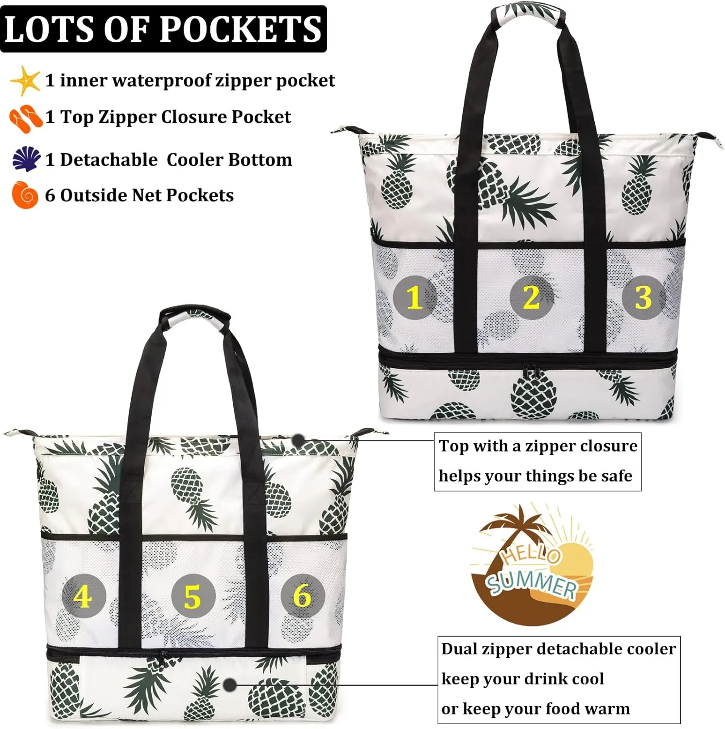 JIANYA Beach Bag Women Waterproof Sandproof Beach Tote Bags with Cooler Top Zipper Large Totes for Pool Travel Daily