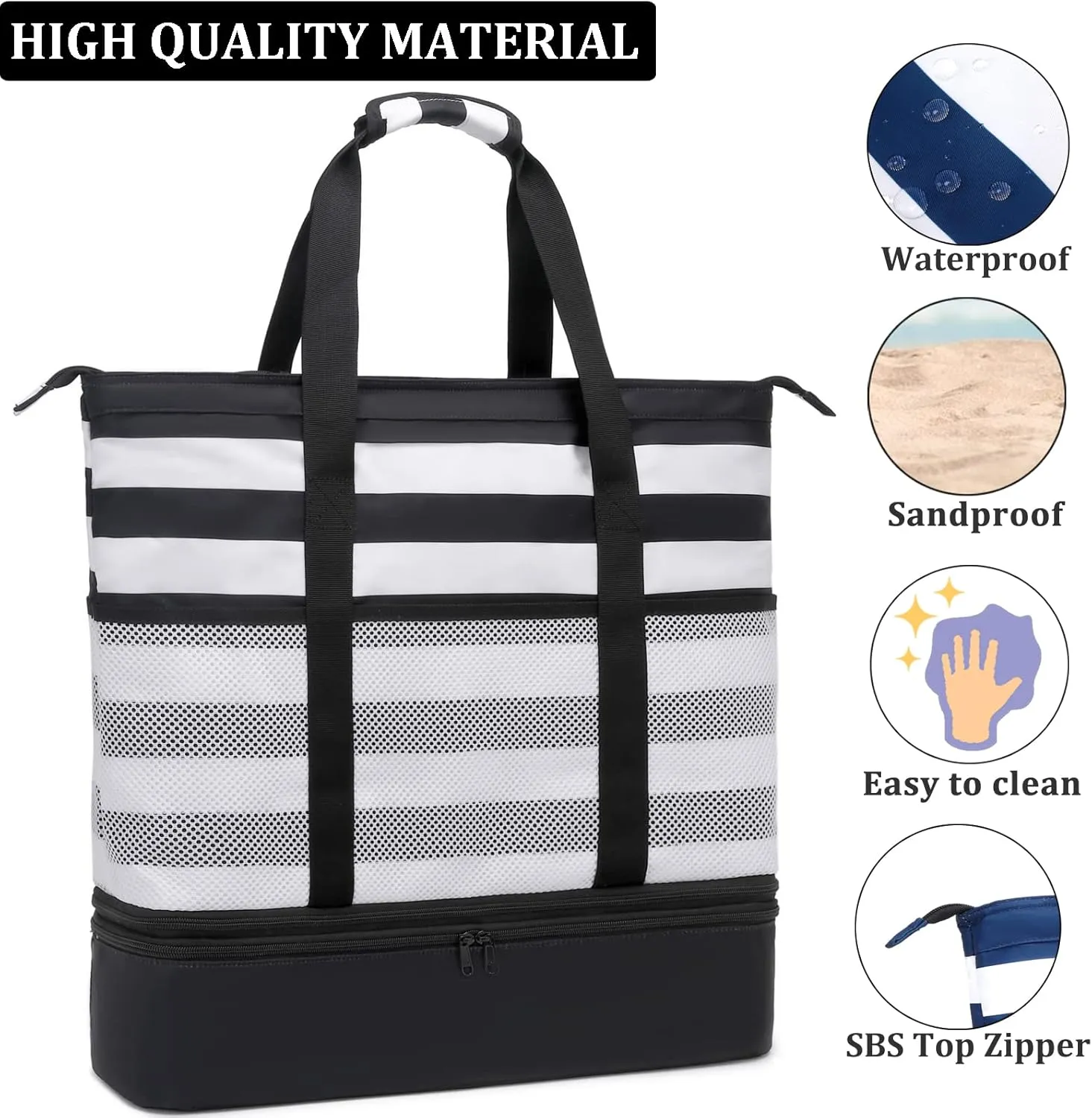 JIANYA Beach Bag Women Waterproof Sandproof Beach Tote Bags with Cooler Top Zipper Large Totes for Pool Travel Daily