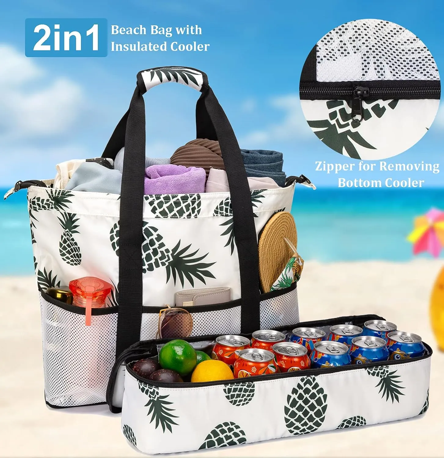 JIANYA Beach Bag Women Waterproof Sandproof Beach Tote Bags with Cooler Top Zipper Large Totes for Pool Travel Daily