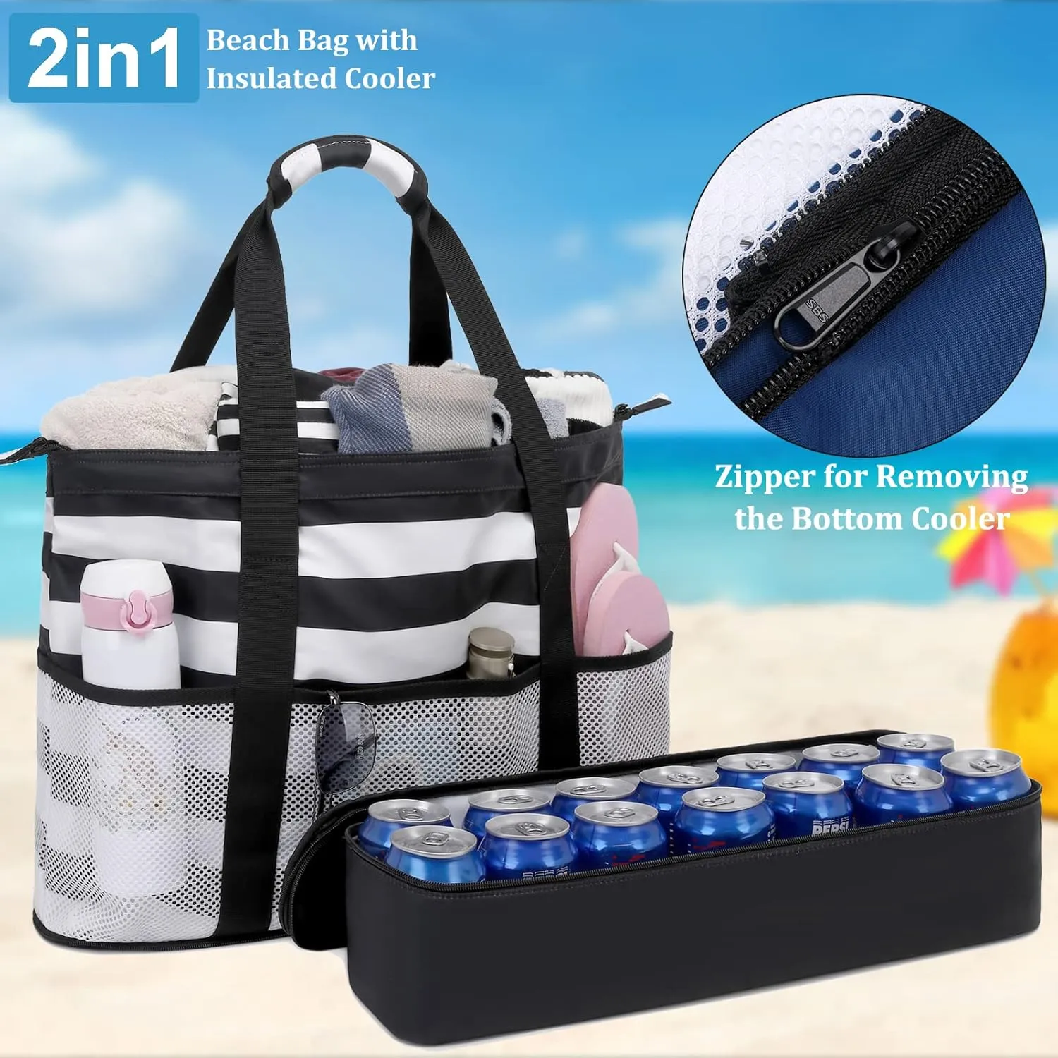 JIANYA Beach Bag Women Waterproof Sandproof Beach Tote Bags with Cooler Top Zipper Large Totes for Pool Travel Daily