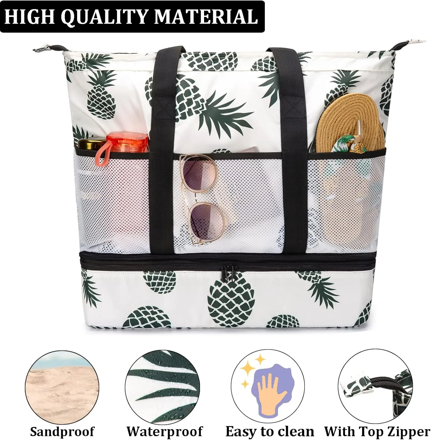 JIANYA Beach Bag Women Waterproof Sandproof Beach Tote Bags with Cooler Top Zipper Large Totes for Pool Travel Daily