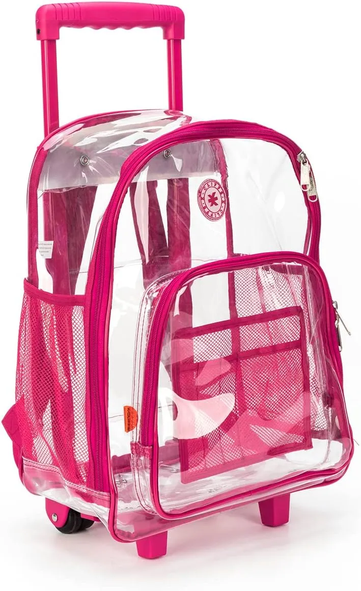 K-Cliffs Rolling Clear Backpack Heavy Duty Bookbag Quality See Through Workbag Travel Daypack Transparent School Book Bags w/Wheels Hot Pink