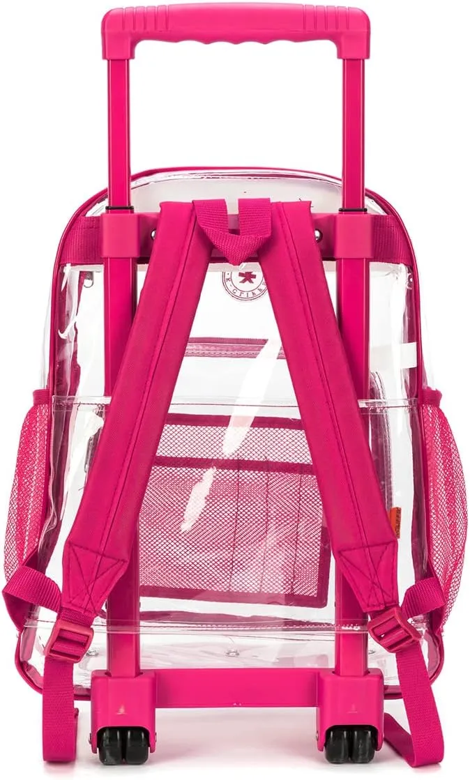 K-Cliffs Rolling Clear Backpack Heavy Duty Bookbag Quality See Through Workbag Travel Daypack Transparent School Book Bags w/Wheels Hot Pink