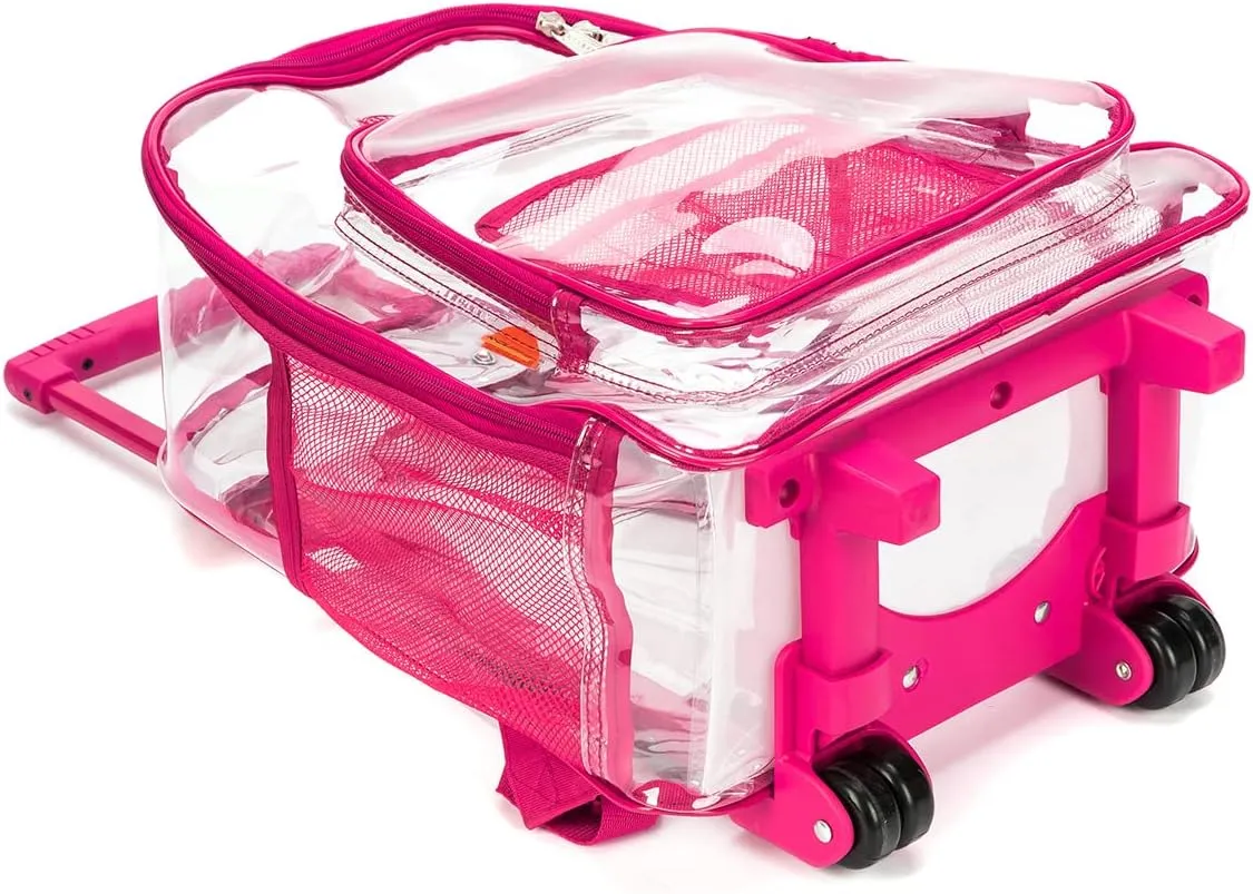 K-Cliffs Rolling Clear Backpack Heavy Duty Bookbag Quality See Through Workbag Travel Daypack Transparent School Book Bags w/Wheels Hot Pink