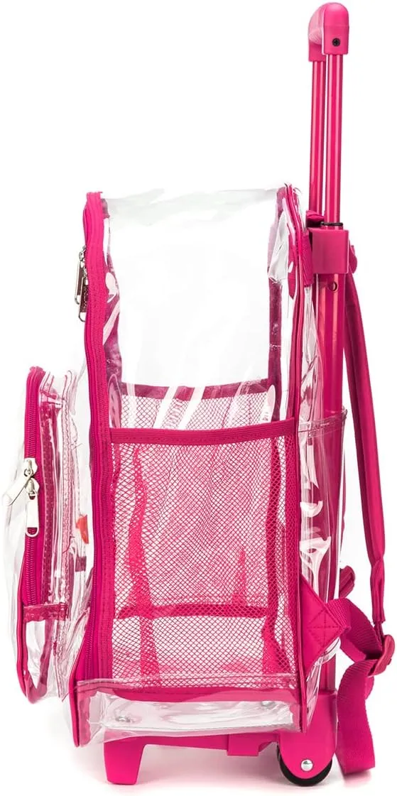 K-Cliffs Rolling Clear Backpack Heavy Duty Bookbag Quality See Through Workbag Travel Daypack Transparent School Book Bags w/Wheels Hot Pink