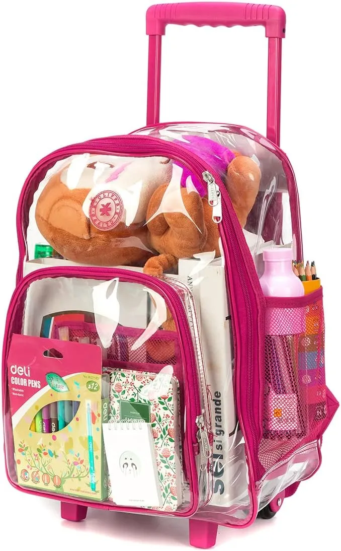 K-Cliffs Rolling Clear Backpack Heavy Duty Bookbag Quality See Through Workbag Travel Daypack Transparent School Book Bags w/Wheels Hot Pink