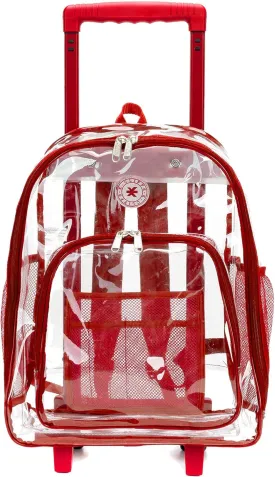 K-Cliffs Rolling Clear Backpack Heavy Duty Bookbag Quality See Through Workbag Travel Daypack Transparent School Book Bags w/Wheels Red