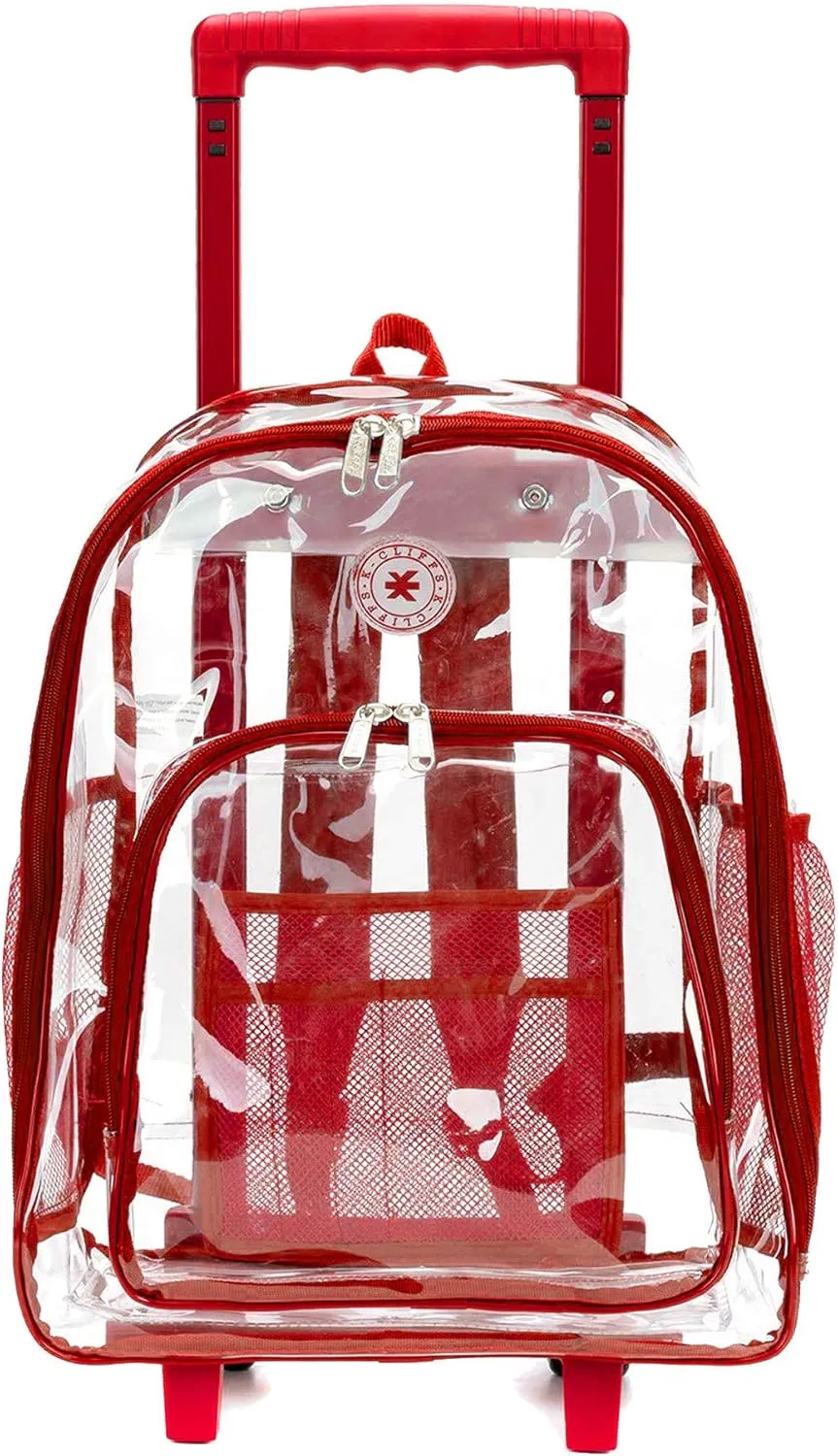 K-Cliffs Rolling Clear Backpack Heavy Duty Bookbag Quality See Through Workbag Travel Daypack Transparent School Book Bags w/Wheels Red