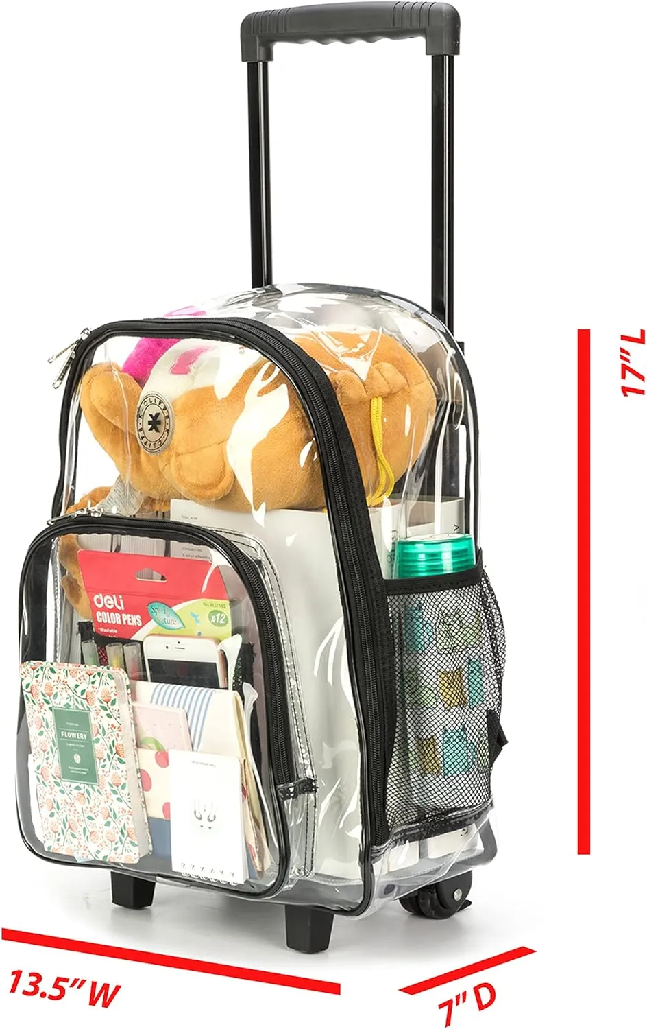 K-Cliffs Rolling Clear Backpack Heavy Duty Bookbag Quality See Through Workbag Travel Daypack Transparent School Book Bags w/Wheels Red