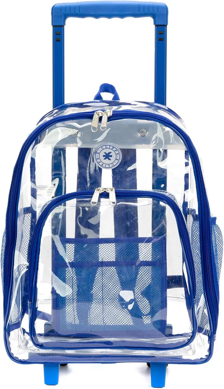 K-Cliffs Rolling Clear Backpack Heavy Duty Bookbag Quality See Through Workbag Travel Daypack Transparent School Book Bags w/Wheels