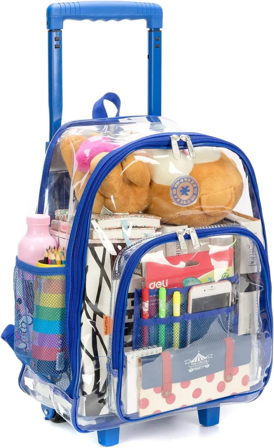 K-Cliffs Rolling Clear Backpack Heavy Duty Bookbag Quality See Through Workbag Travel Daypack Transparent School Book Bags w/Wheels