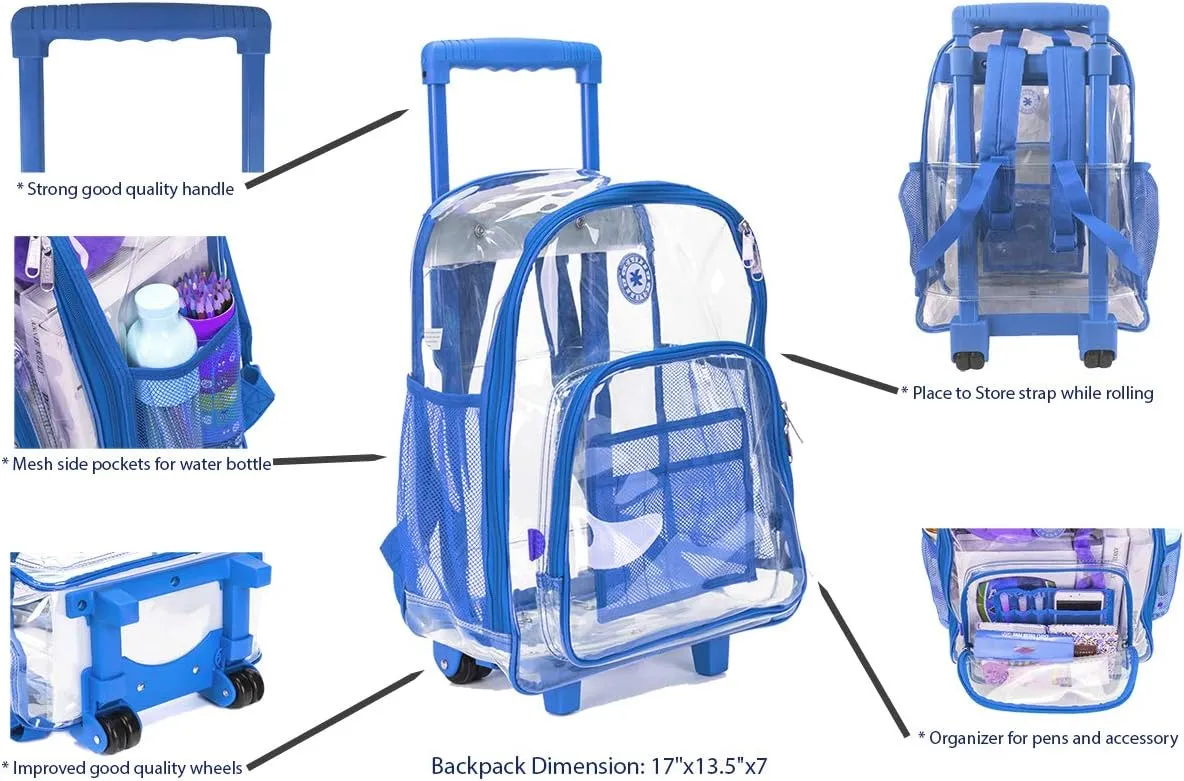 K-Cliffs Rolling Clear Backpack Heavy Duty Bookbag Quality See Through Workbag Travel Daypack Transparent School Book Bags w/Wheels