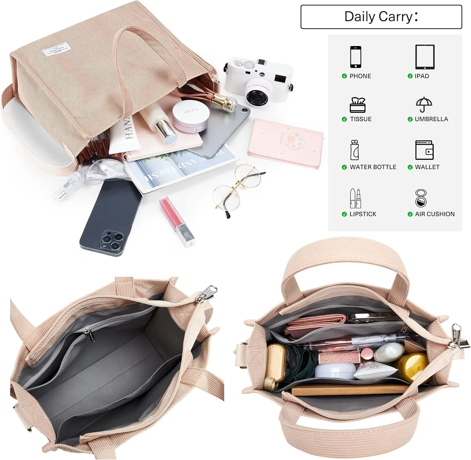 KALIDI Tote Bag for Women Corduroy Crossbody Bag Casual Zipper Tote Fashion Shoulder Handbag Hobo bag with Pockets