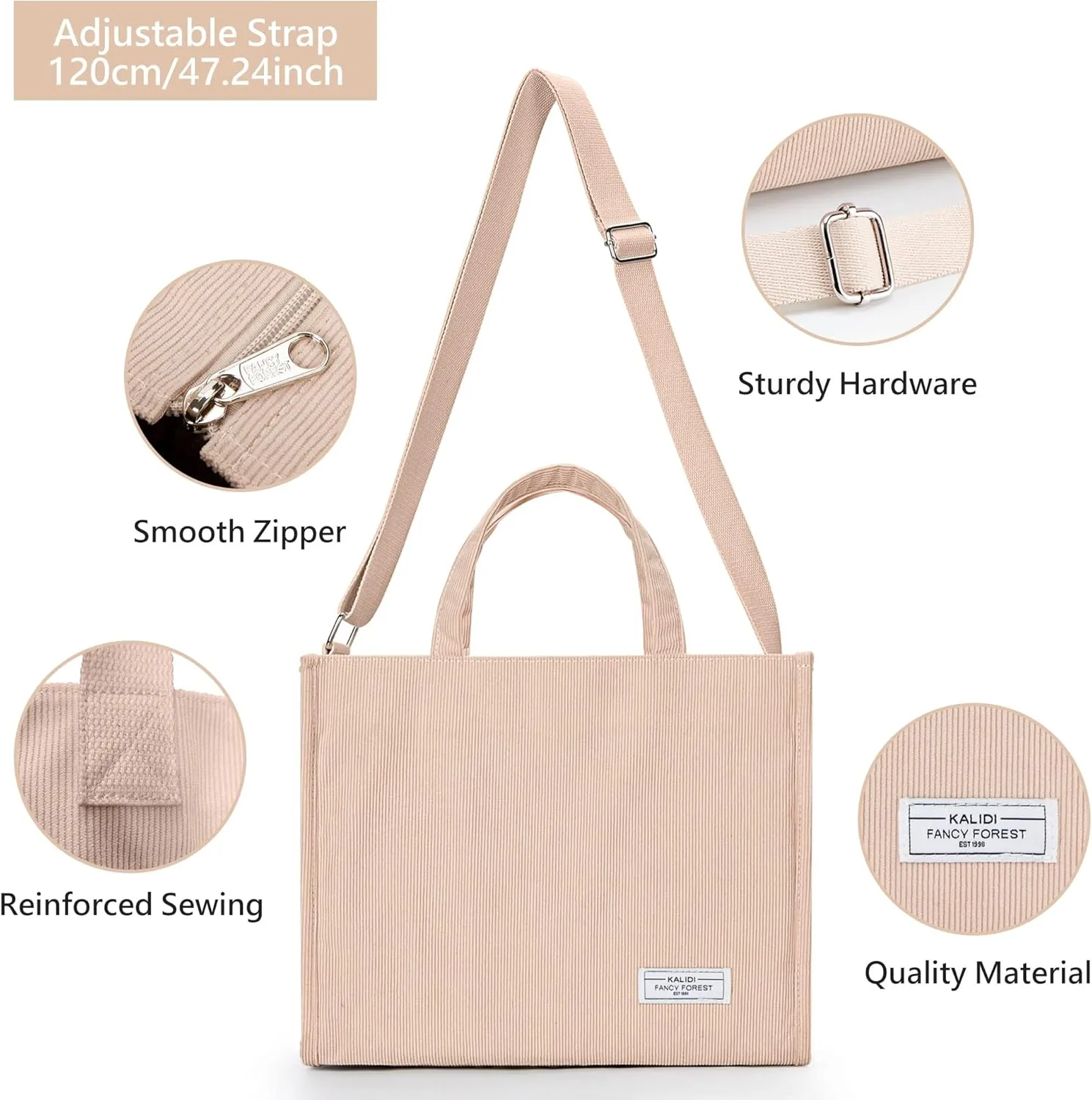 KALIDI Tote Bag for Women Corduroy Crossbody Bag Casual Zipper Tote Fashion Shoulder Handbag Hobo bag with Pockets