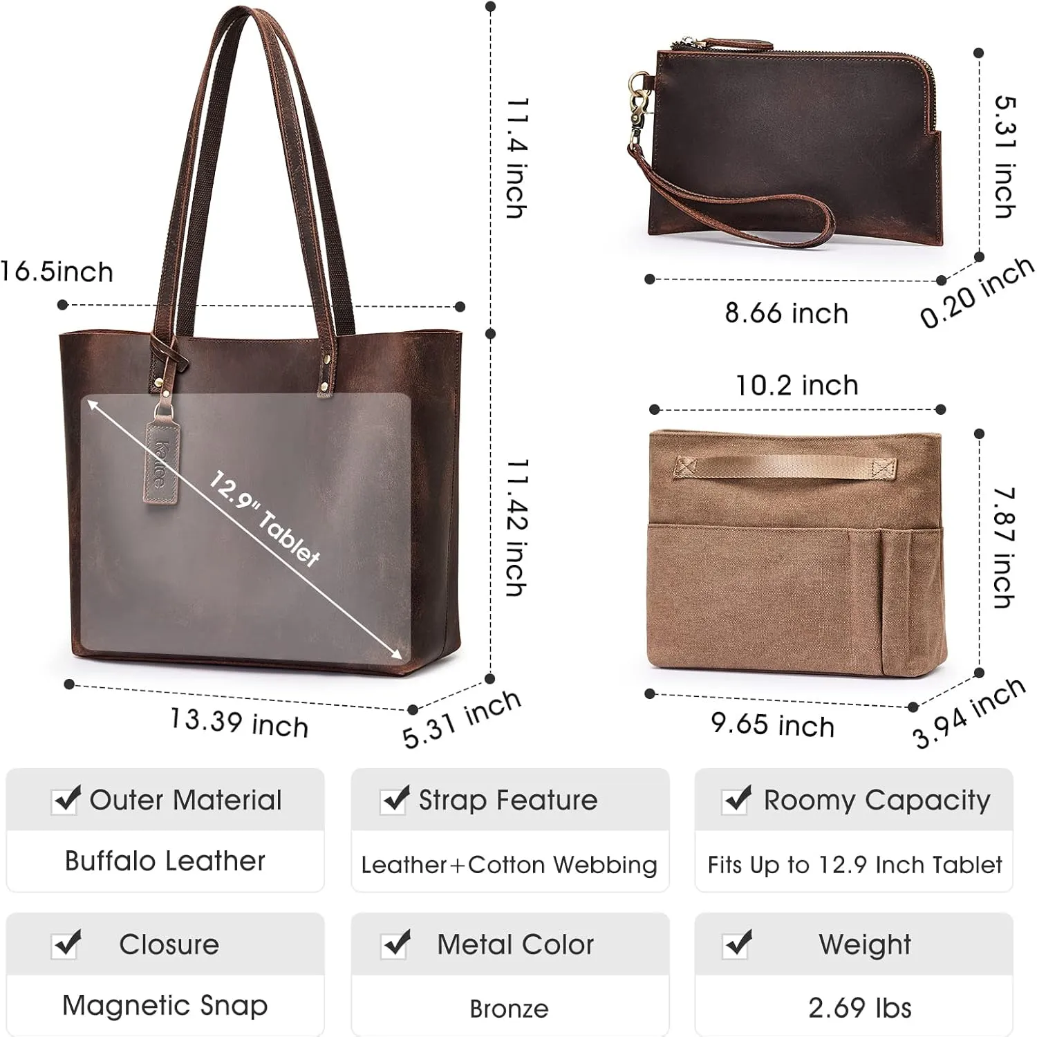 Kattee Leather Totes for Women Shoulder Bag Top Handle Satchel Purse Set 3pcs 3-in-1