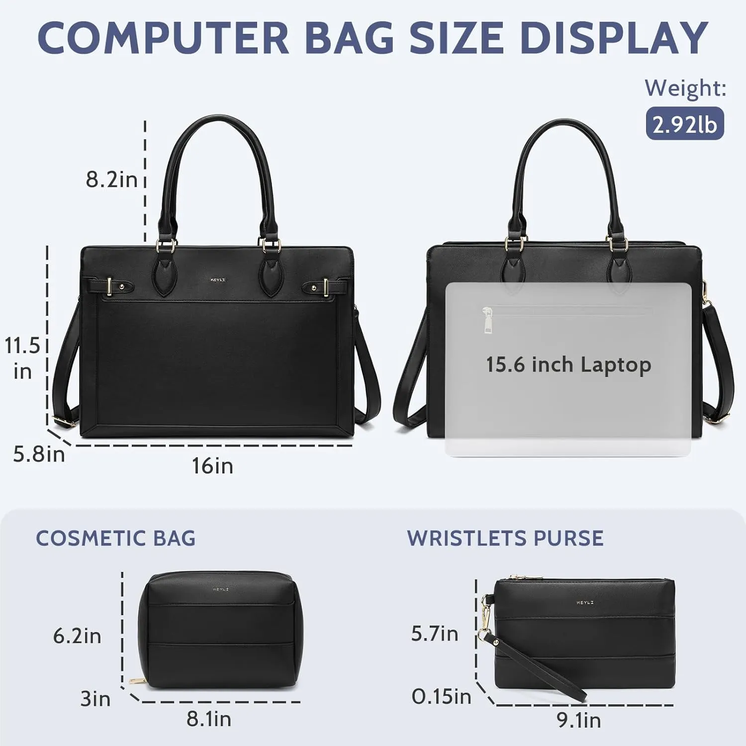 Keyli 3pc Set Laptop Tote Bag for Women 15.6 Inch Work Bag Business Computer Briefcase Leather Messenger Shoulder Bags Purses
