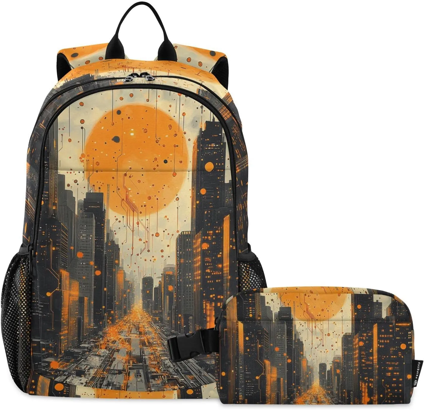Kids Backpack Circuit Board Sunset City School Bookbag with Lunch Bag for Boys Girls Preschool Kindergarten Elementary Laptop Daypack