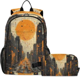 Kids Backpack Circuit Board Sunset City School Bookbag with Lunch Bag for Boys Girls Preschool Kindergarten Elementary Laptop Daypack