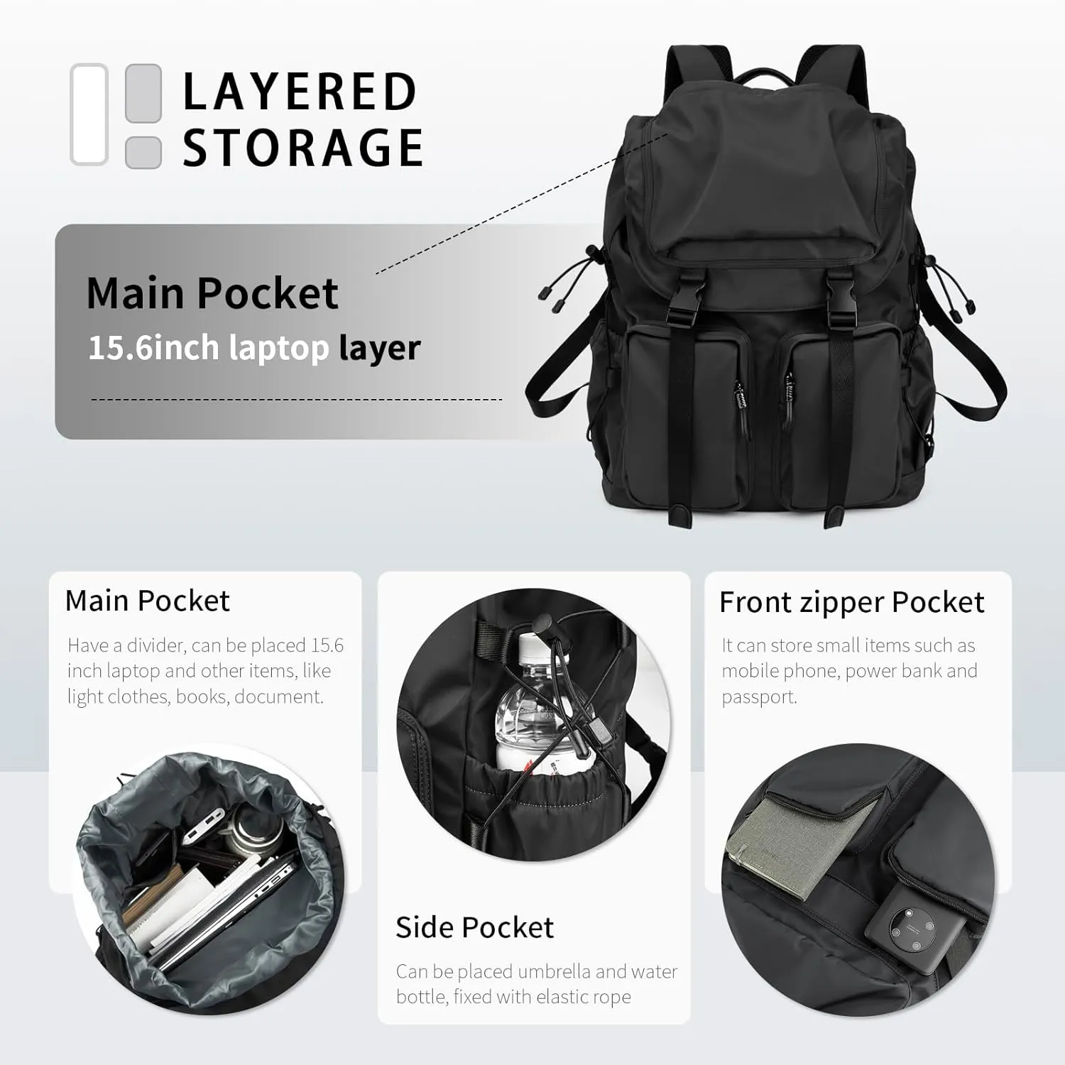 Laptop Backpack for Men, 30L Functional Stylish Vintage Backpack, Waterproof College Work Commuter Travel Backpack Fits 15.6 Inch Tablet, Notebook (Black)