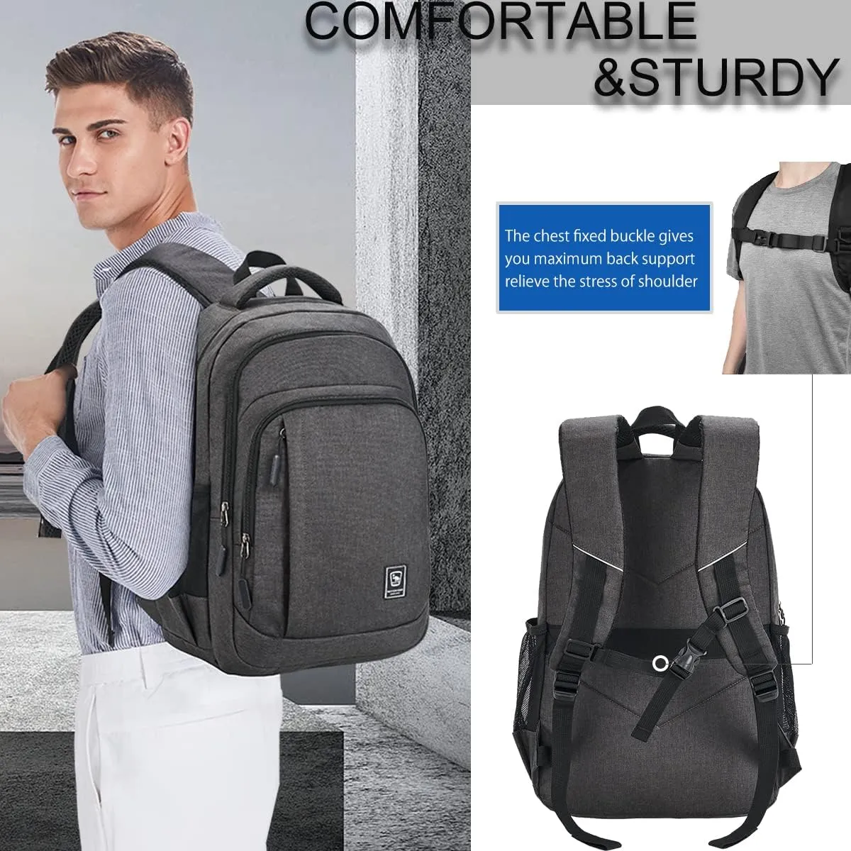 Laptop Backpack for Men Travel Backpack Water-Resistant 15.6 Inch Computer Backpack Work Business Black