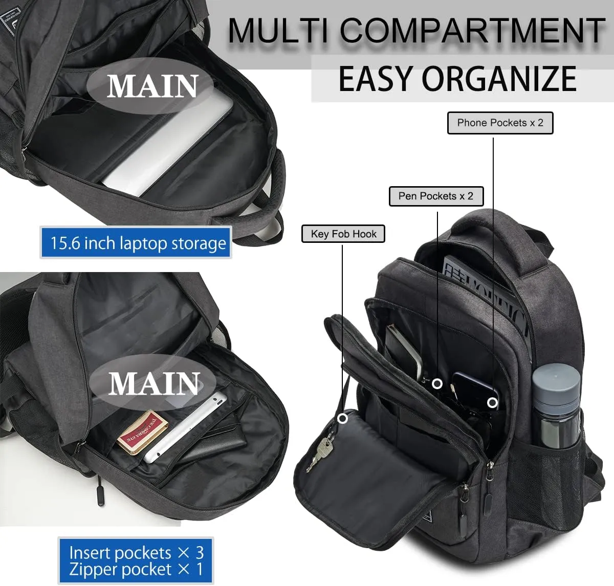 Laptop Backpack for Men Travel Backpack Water-Resistant 15.6 Inch Computer Backpack Work Business Black