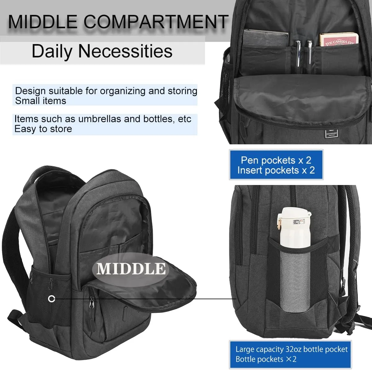Laptop Backpack for Men Travel Backpack Water-Resistant 15.6 Inch Computer Backpack Work Business Black