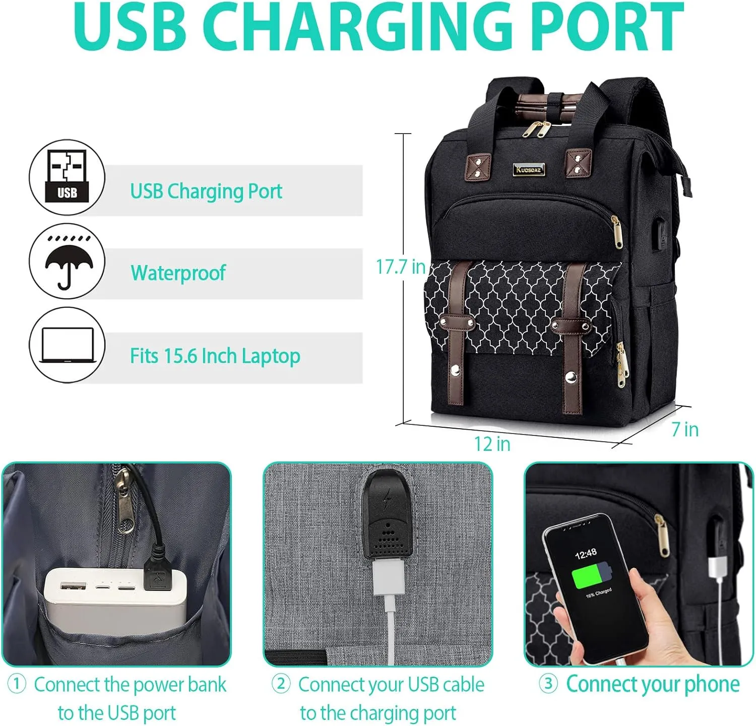 Laptop Backpack for Women Men, 17.3 Inch School Backpacks with USB Charging Port, Wide Open Large Backpack, Casual Daypacks for Travel College, Black