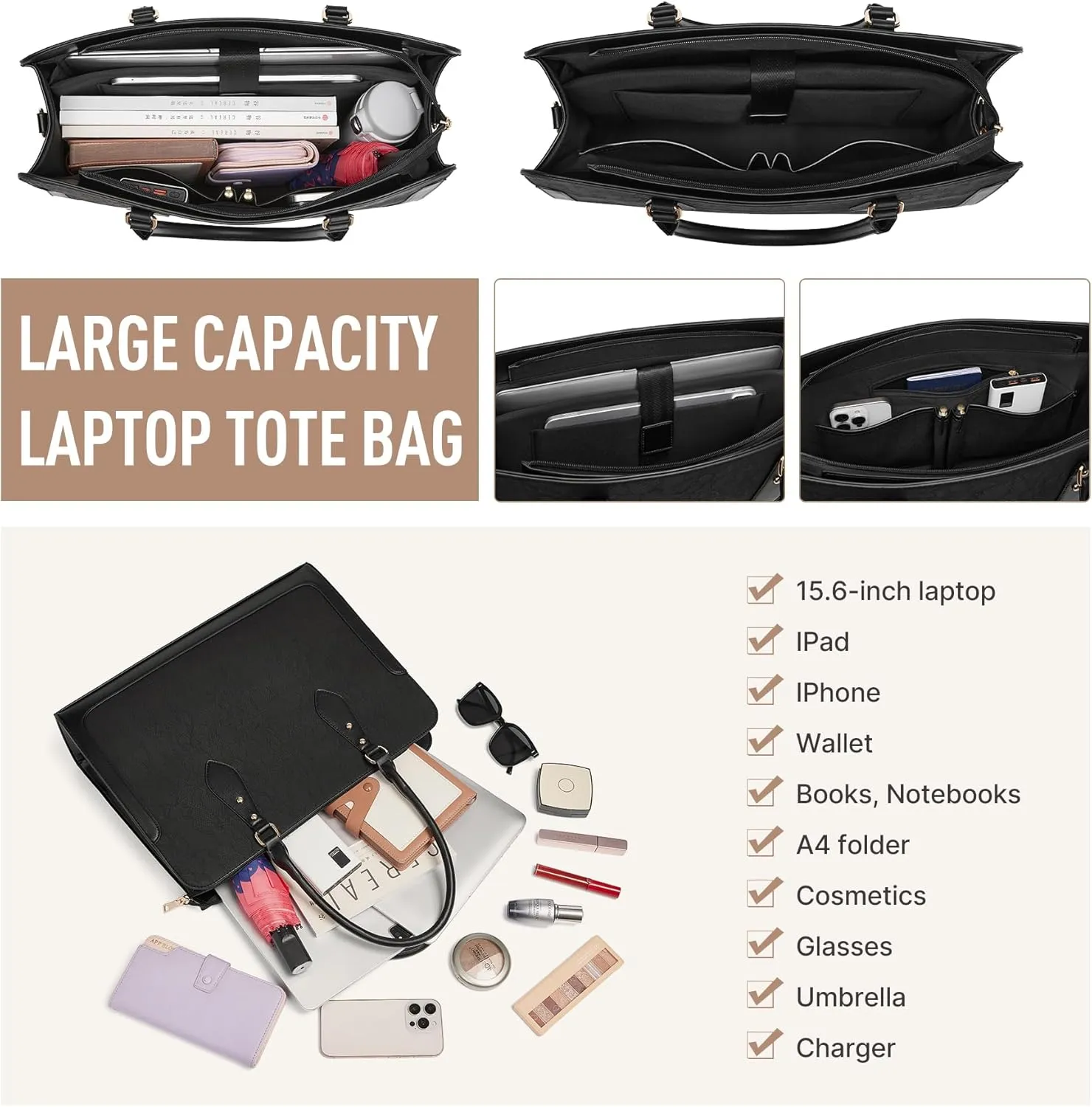 Laptop Bag for Women 15.6 Inch Work Tote Bag for Women,Leather Computer Bags Waterproof Tote Professional Briefcase,Large Capacity Business Office Bag for Work