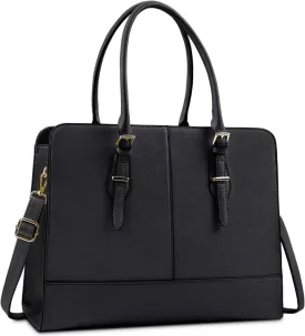 Laptop Bag for Women Leather Work Tote 15.6 Inch Laptop for Computer Bag Waterproof Business Office Professional Large Capacity Handbag Shoulder Bag Black