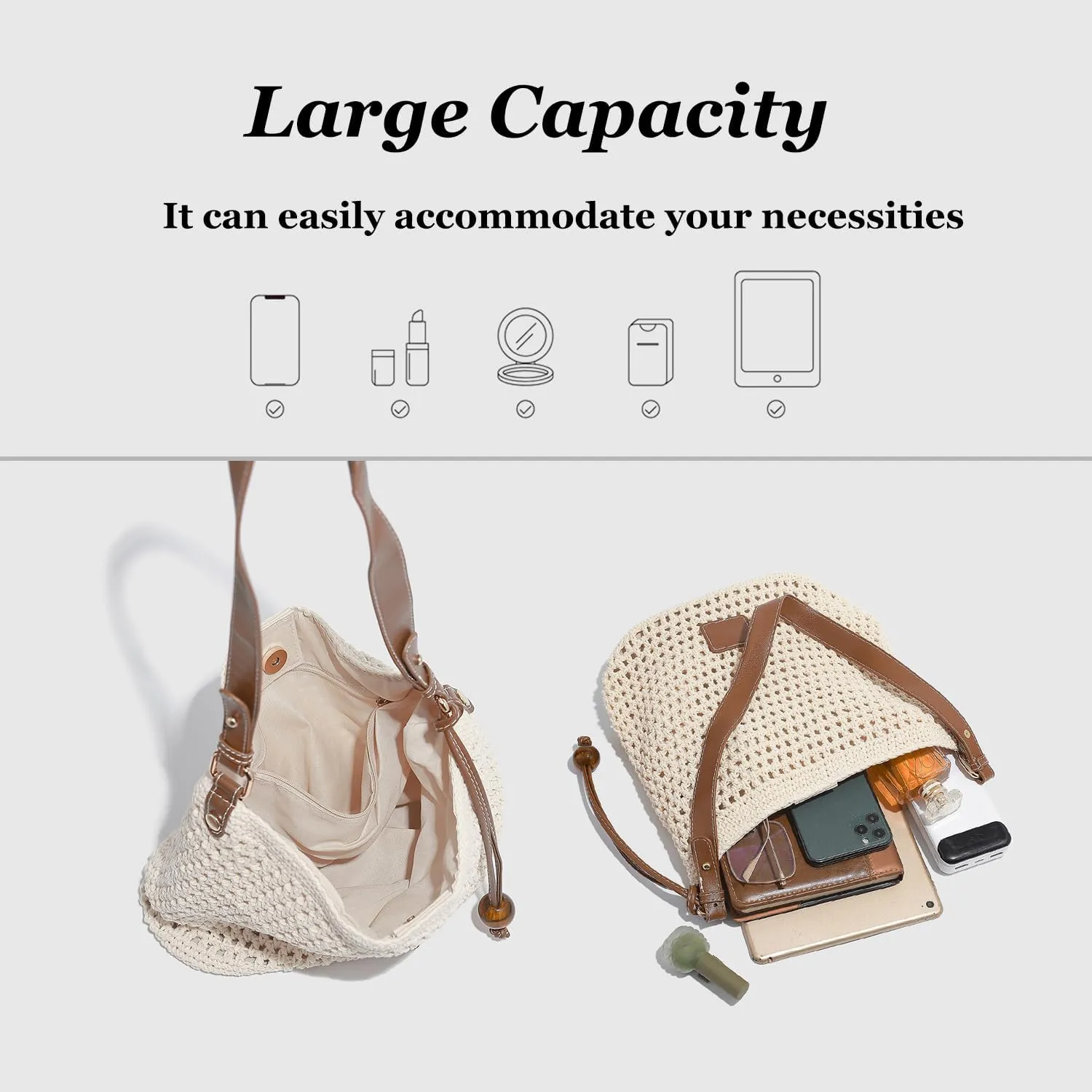 Large Capacity Crochet Knitted Summer Tote, Woven Beach Shoulder Bag, Bohemian Hollow Purses for Shopping Vacation
