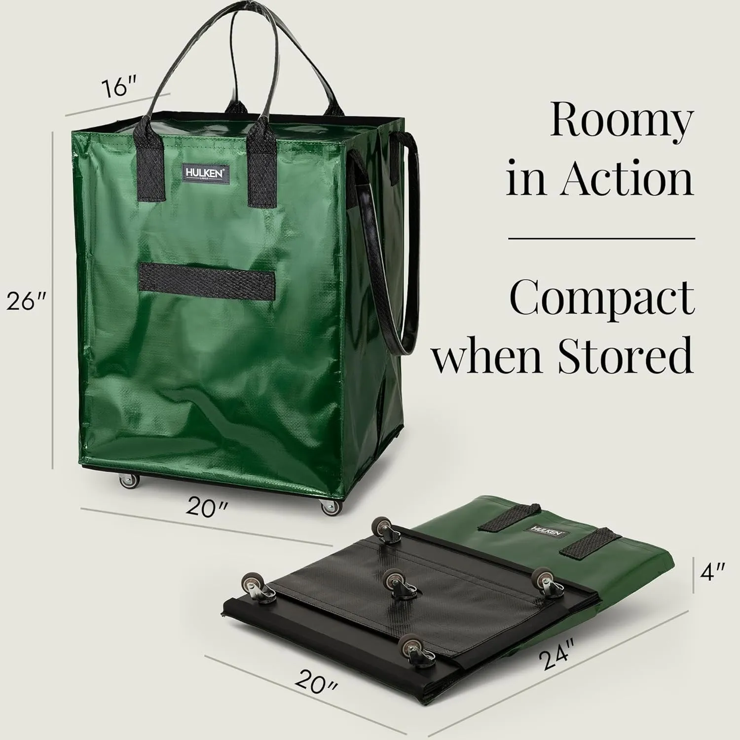 (Large, Forest Green) Reusable Grocery Bag On Wheels, Shopping Trolley, Rolling Tote, Zipper Closure, Lightweight, Carries Up to 66 lb, Folds Flat, Unbreakable Handles