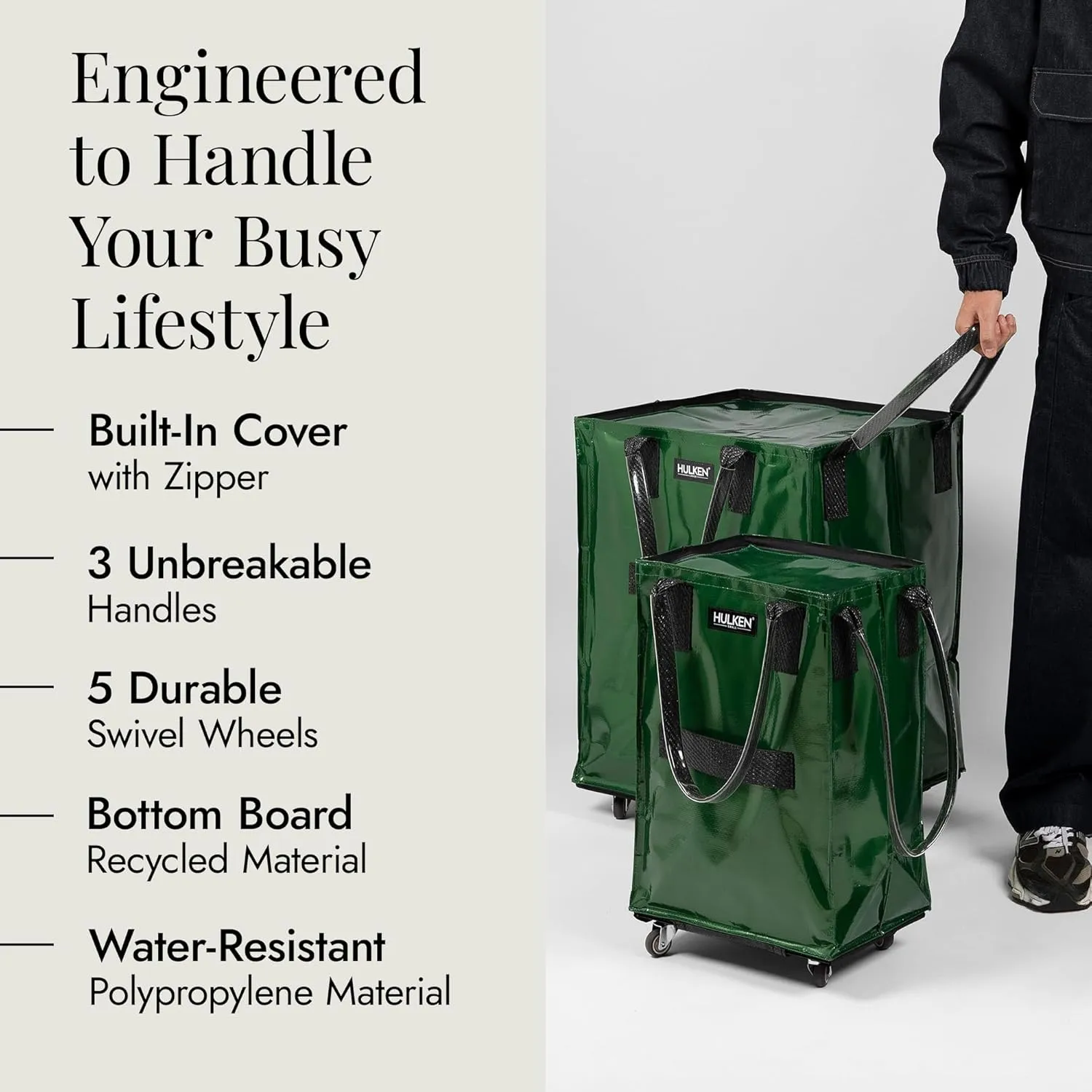 (Large, Forest Green) Reusable Grocery Bag On Wheels, Shopping Trolley, Rolling Tote, Zipper Closure, Lightweight, Carries Up to 66 lb, Folds Flat, Unbreakable Handles