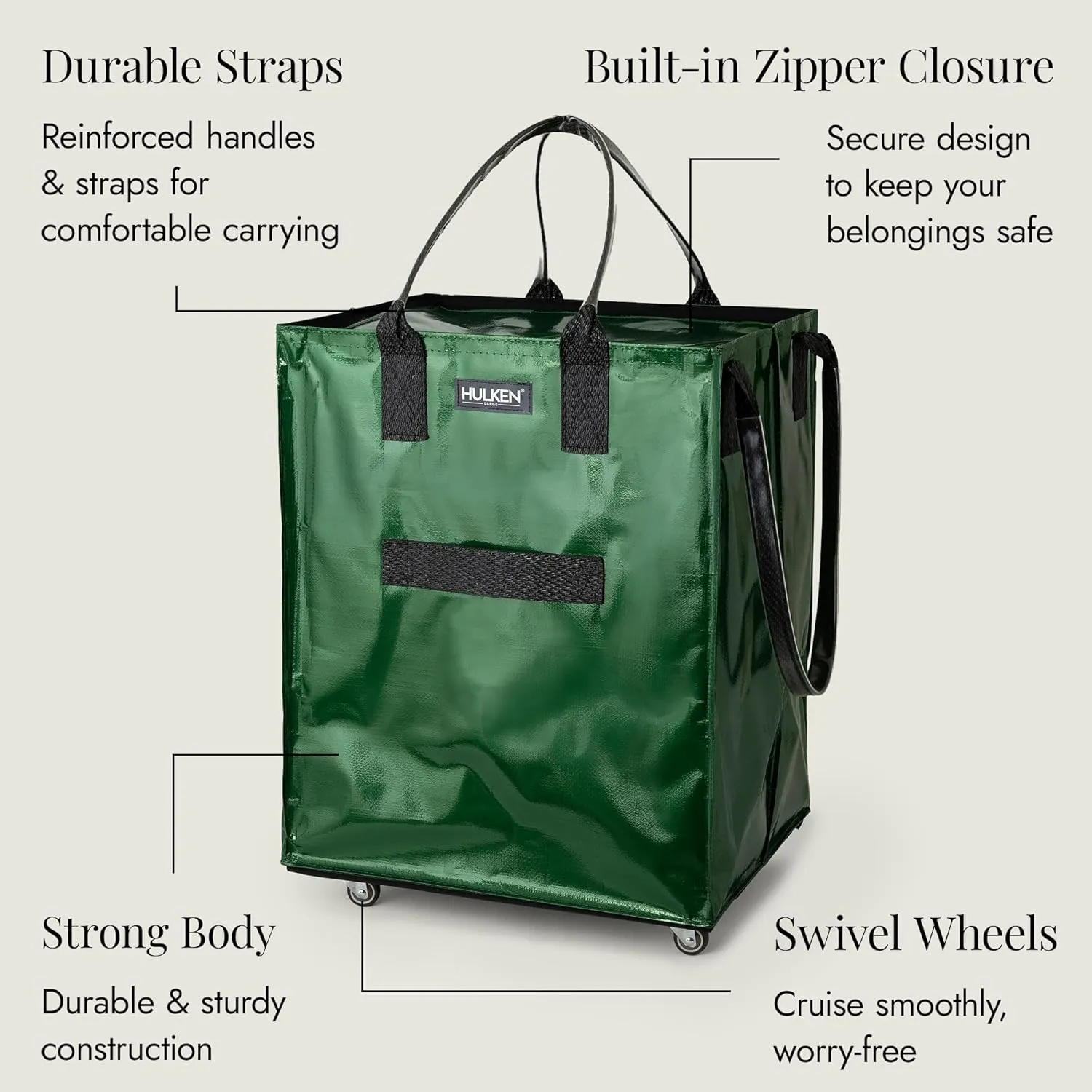 (Large, Forest Green) Reusable Grocery Bag On Wheels, Shopping Trolley, Rolling Tote, Zipper Closure, Lightweight, Carries Up to 66 lb, Folds Flat, Unbreakable Handles