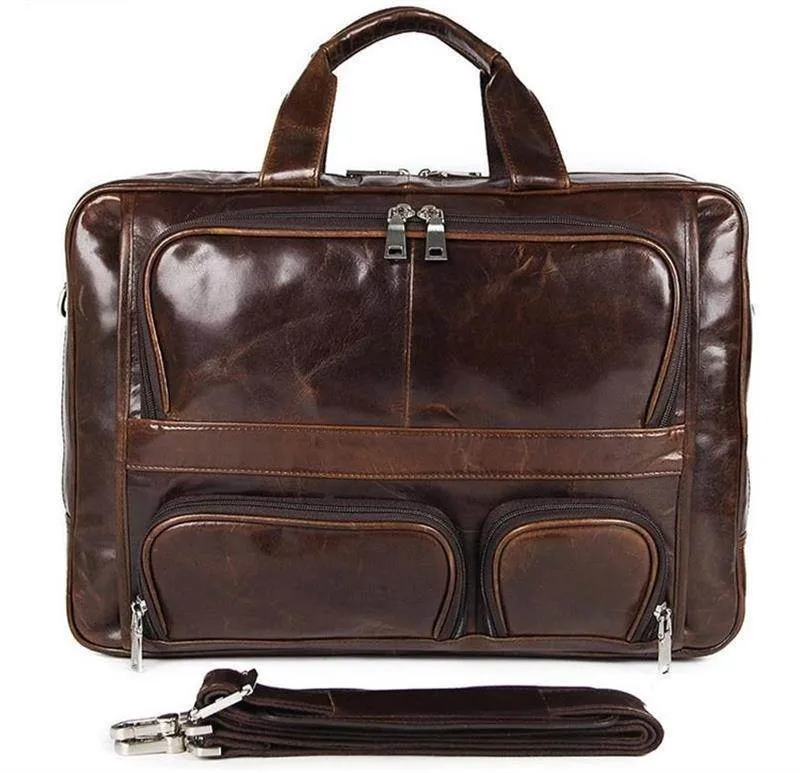 Large Genuine Leather Briefcase Multi Zip Pockets 17In