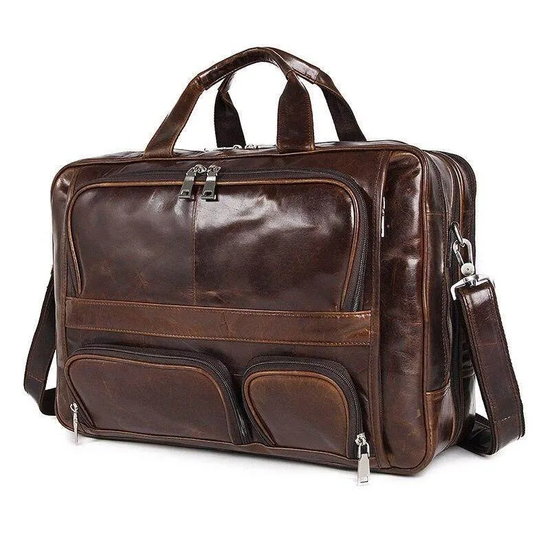 Large Genuine Leather Briefcase Multi Zip Pockets 17In