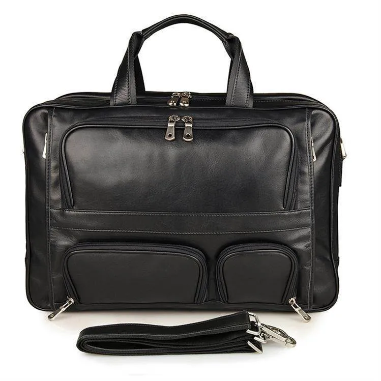 Large Genuine Leather Briefcase Multi Zip Pockets 17In