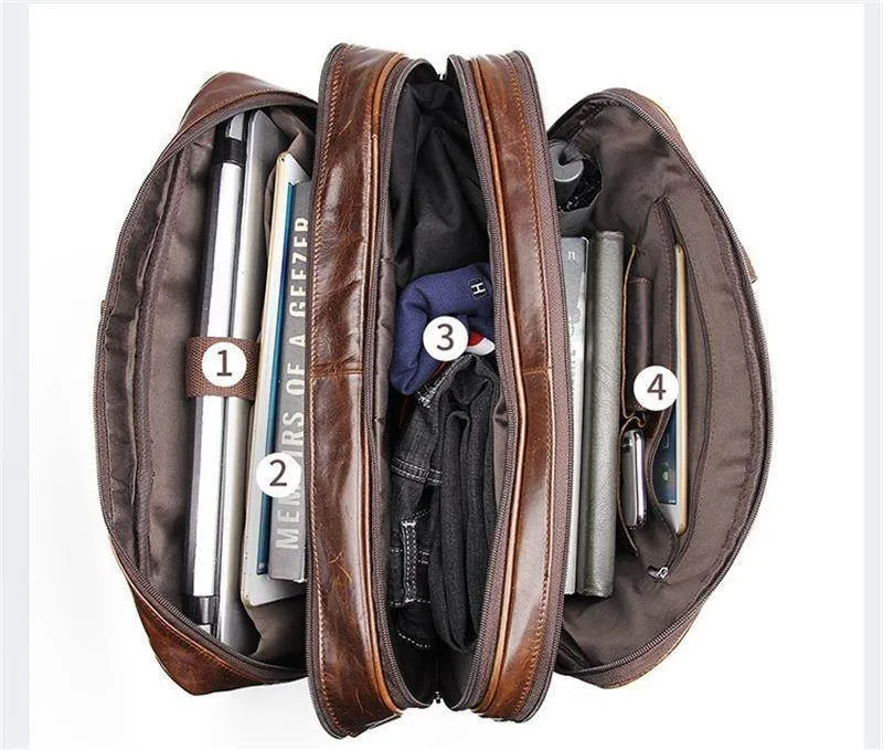 Large Genuine Leather Briefcase Multi Zip Pockets 17In